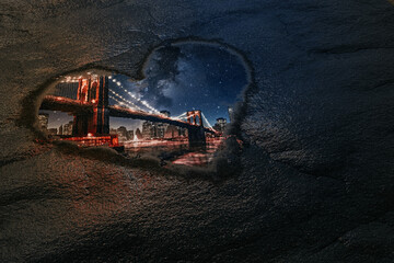 Fototapeta na wymiar Love New York Concept. Reflection of Big Bridge Through Puddle in Shape of Heart. 3d Rendering