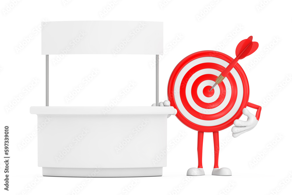 Poster archery target and dart in center cartoon person character mascot near blank promotion stand with fr