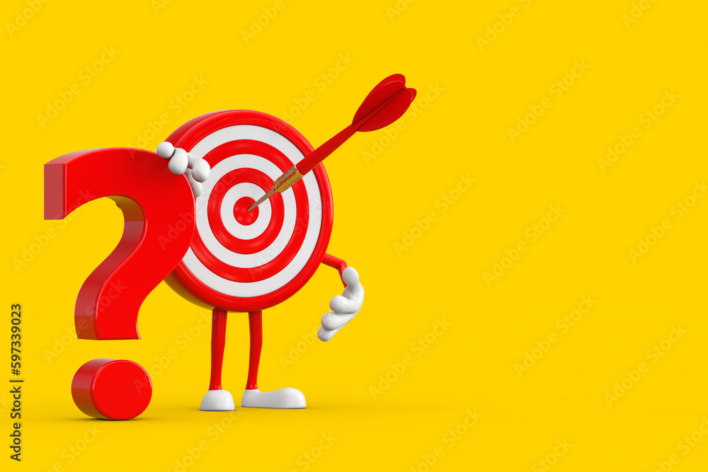 Leinwandbilder archery target and dart in center cartoon person character mascot with red question mark sign. 3d re