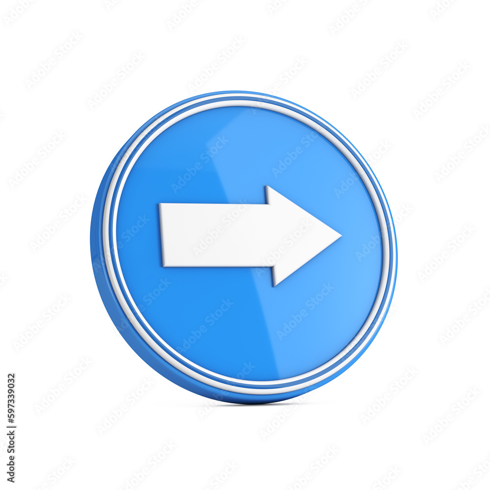 Poster Right Direction Arrow Icon in Blue Circle Button. 3d Rendering