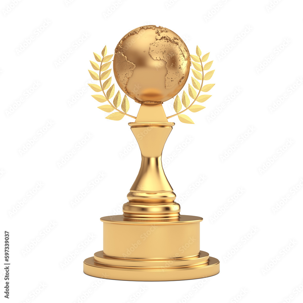 Poster golden award trophy with golden earth globe and laurel wreath. 3d rendering