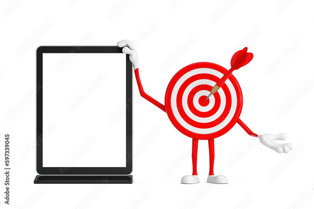 Poster archery target and dart in center cartoon person character mascot with blank trade show lcd screen d