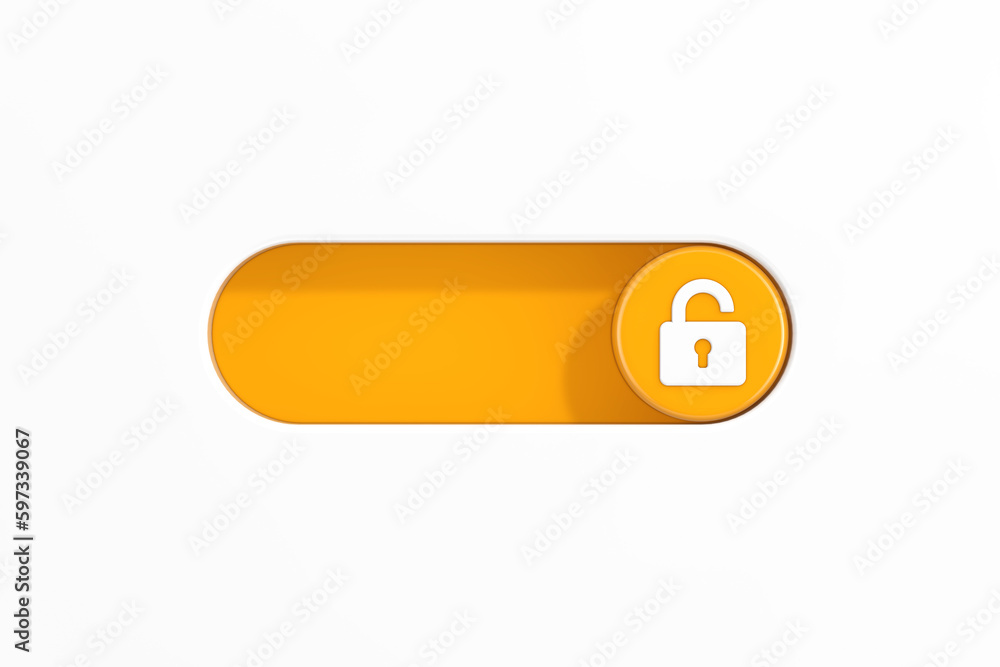 Poster yellow toggle switch slider with opened lock icon. 3d rendering