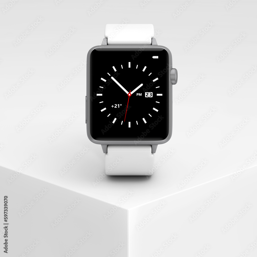 Aufkleber White Modern Smart Watch Mockup on a White Product Presentation Podium Cube. 3d Rendering