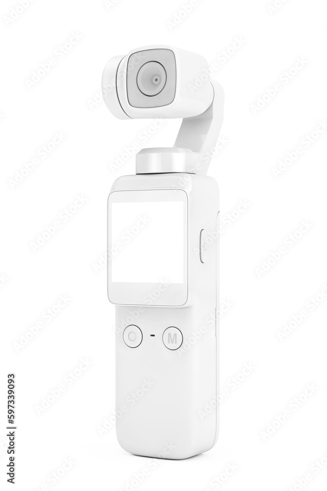 Poster white pocket handheld gimbal action camera in clay style. 3d rendering