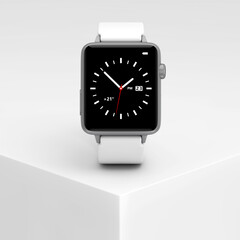 White Modern Smart Watch Mockup on a White Product Presentation Podium Cube. 3d Rendering