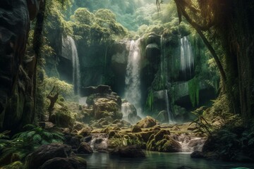 A mystical digital art with waterfalls, forests, and elven woods for wallpapers and backgrounds. Generative AI