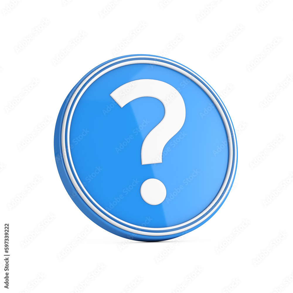 Poster question mark icon in blue circle button. 3d rendering