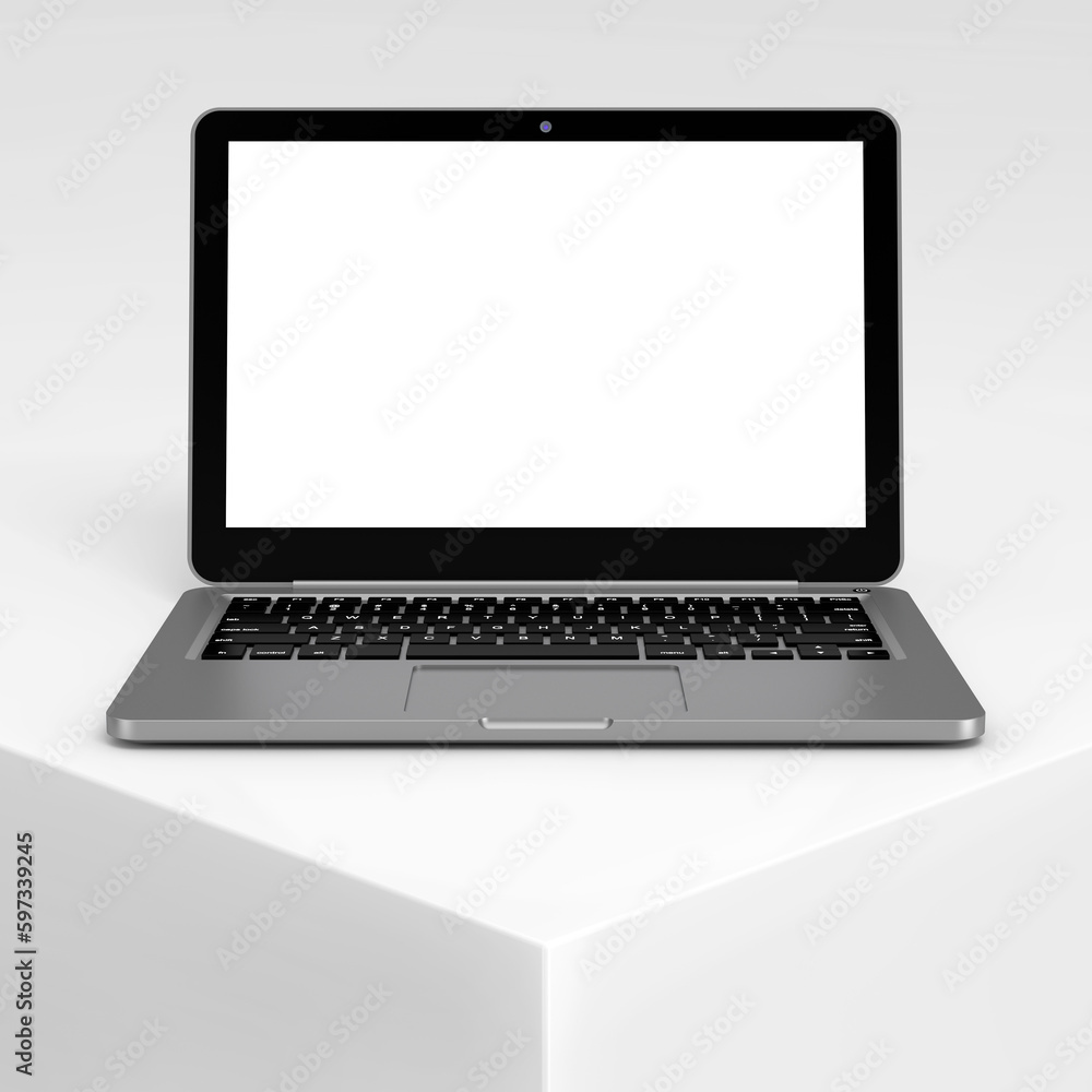 Poster modern laptop computer notebook with blank screen for your design on a white product presentation po