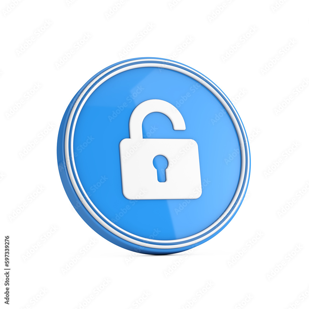 Poster Opened Lock Icon in Blue Circle Button. 3d Rendering