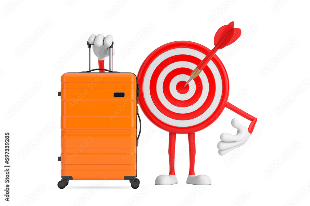 Aufkleber archery target and dart in center cartoon person character mascot with orange travel suitcase. 3d re