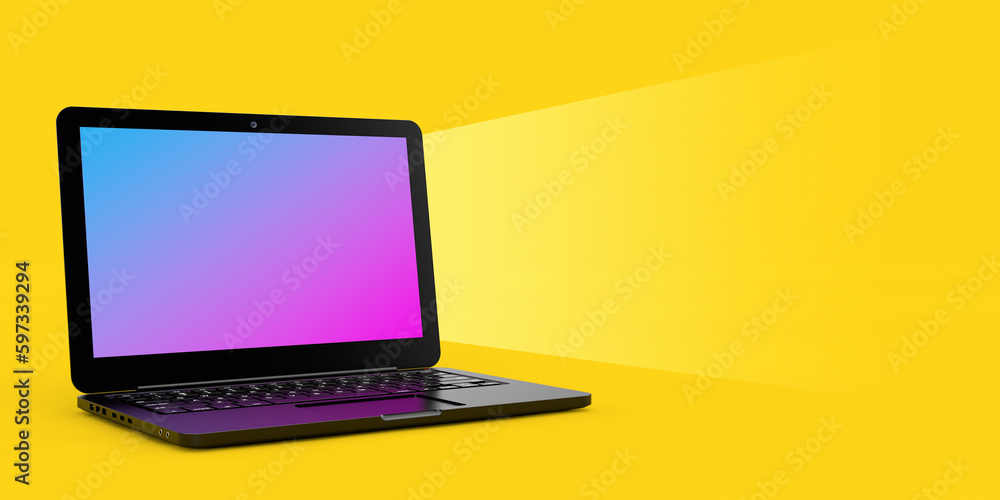 Poster modern laptop mockup with blank space for your design in shape of watch screen light. 3d rendering