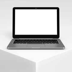 Modern Laptop Computer Notebook with Blank Screen for Your Design on a White Product Presentation Podium Cube. 3d Rendering