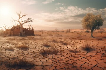 Fototapeta na wymiar Illustration of deserted landscape with cracked dry ground, abandoned farm & dead tree far away. Ideas of rural depopulation. Generative AI