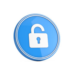 Opened Lock Icon in Blue Circle Button. 3d Rendering