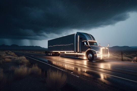 Lightning-streaked self-driving truck on the highway. Generative AI