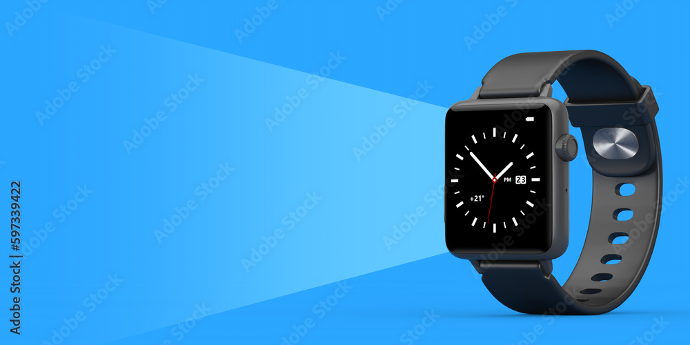 Poster black modern smart watch mockup with blank space for your design in shape of watch screen light. 3d 