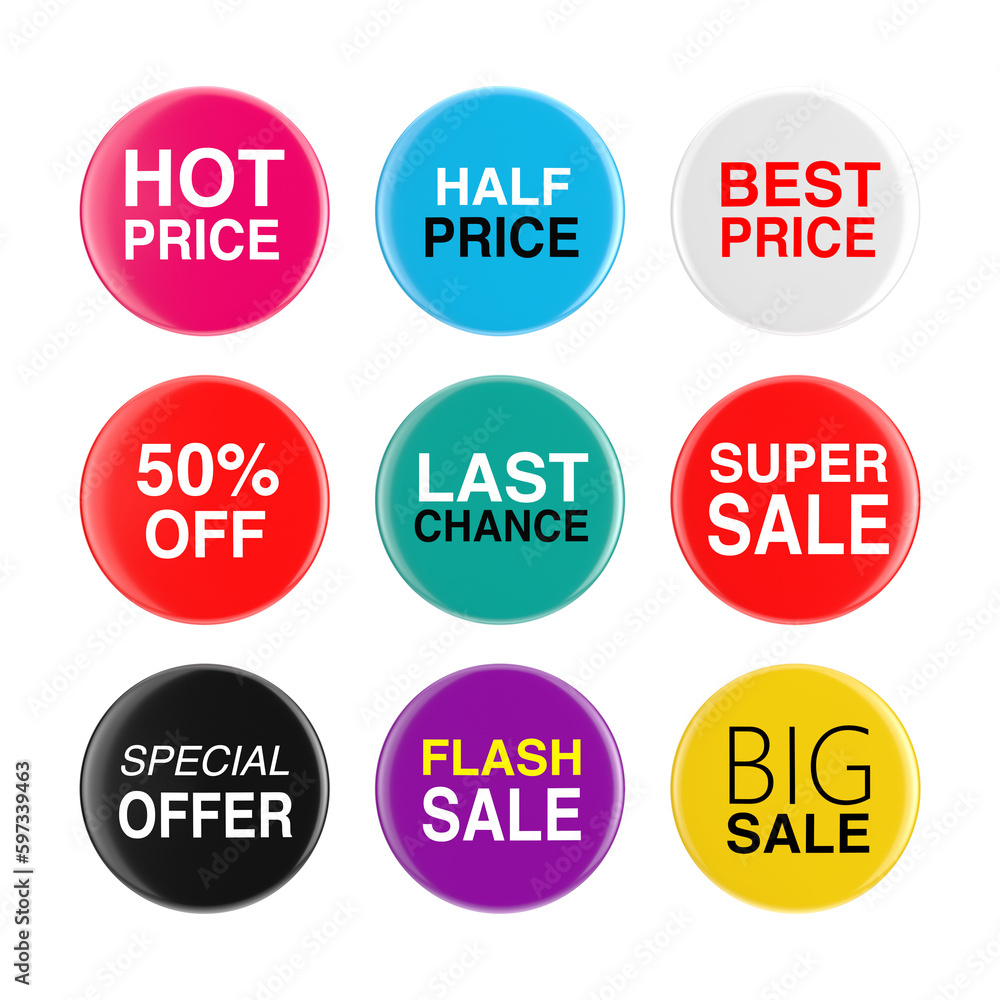 Poster set of colorful sale and price button icons. 3d rendering