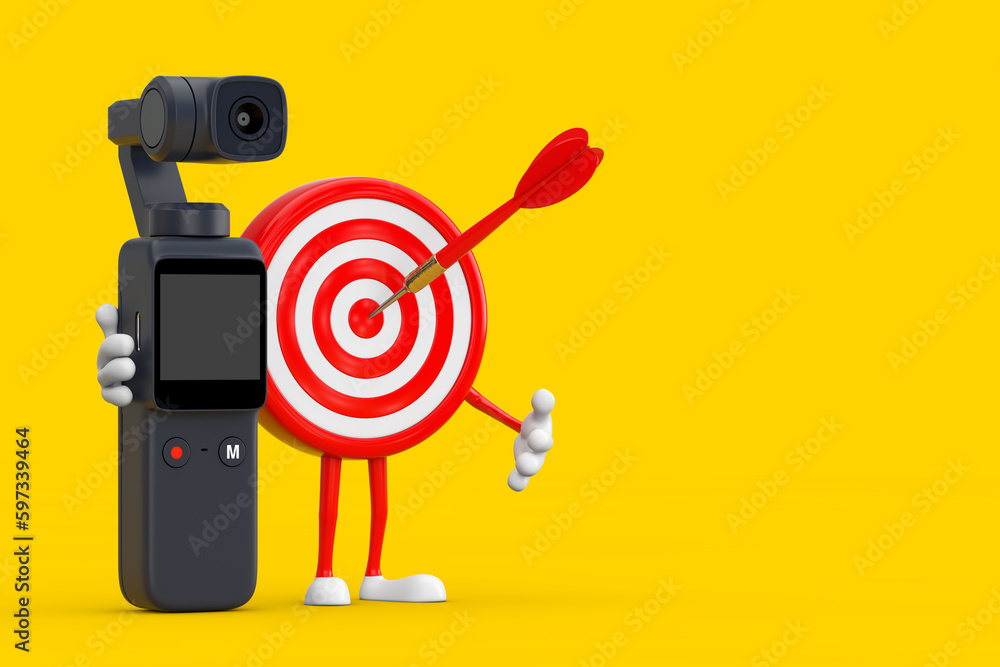 Poster archery target and dart in center cartoon person character mascot with pocket gimbal action camera. 