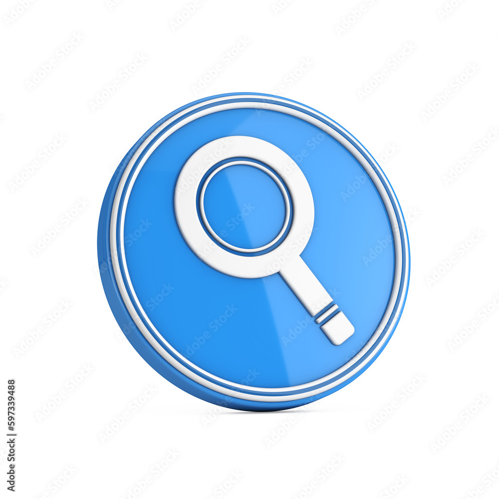 Poster magnifying glass or search icon in blue circle button. 3d rendering