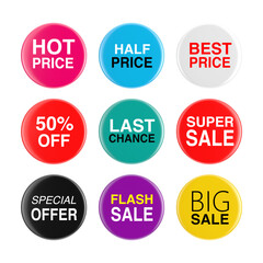 Set of Colorful Sale and Price Button Icons. 3d Rendering