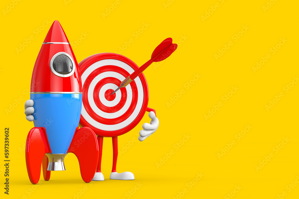 Leinwandbilder Archery Target and Dart in Center Cartoon Person Character Mascot with Cartoon Toy Rocket. 3d Rendering