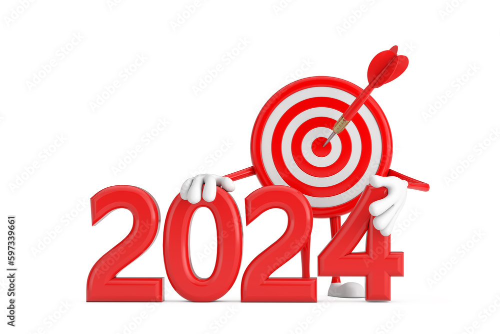 Leinwandbilder archery target and dart in center cartoon person character mascot with red 2024 new year sign. 3d re