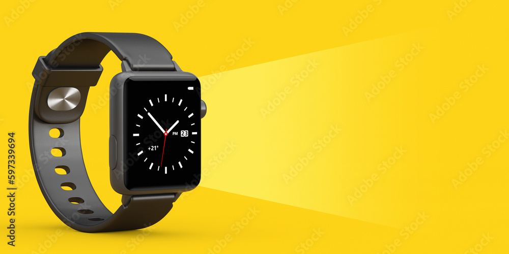 Fototapete black modern smart watch mockup with blank space for your design in shape of watch screen light. 3d 