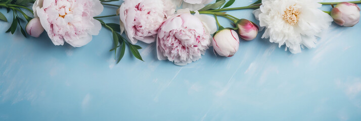 Spring peony flowers on blue pastel background top view in flat lay style, Greeting for Mother's Day Spring Sale Banner, Generative AI