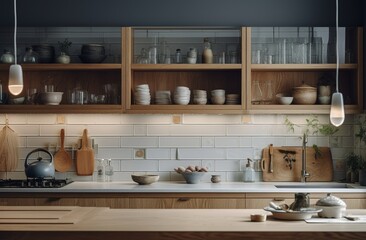 Obraz na płótnie Canvas Kitchen background with counter top view, generative ai
