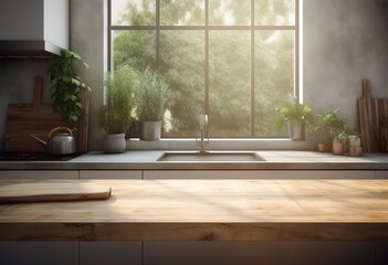 Fototapeta premium Kitchen background with counter top view, generative ai