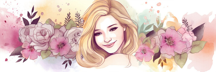 Mother's Day young woman smiling with flowers around, watercolor banner, Generative AI