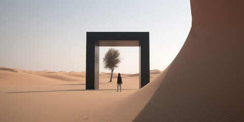 A Person Standing Near A Mysterious Cube Portal In The Desert. Generative AI