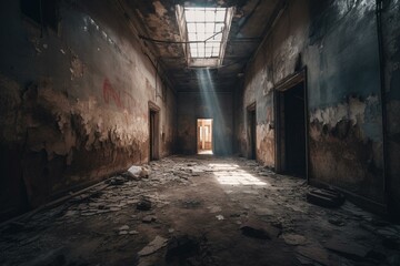 Interior of dilapidated prison with crumbled concrete walls and flooring. Generative AI