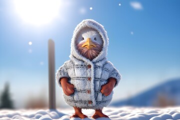 Fototapeta na wymiar Chicken in bright sun wearing snow jacket on snow background made with Generative AI