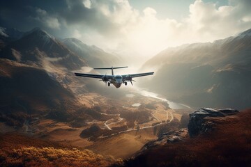 Fototapeta na wymiar A plane graphic contrasting with beautiful scenery. Generative AI