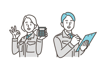 Vector illustration of male and female workers in work clothes estimating with a calculator and pen.