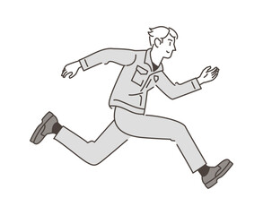 Male worker in work clothes cheerfully jumping with a smile [Vector illustration].