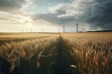 Wind turbines in cloudy sky, wheat field foreground. Generative AI