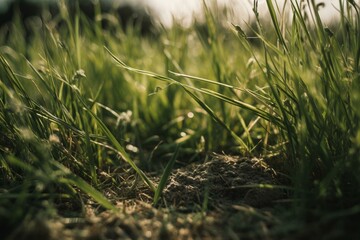 Sustainability starts with nature: close-up of grass and meadow as ecological footprint. Generative AI