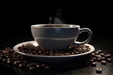 Cup of coffee and coffee beans on dark background, Generative AI	
