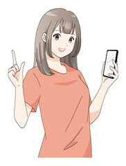 スマホを持って指差ししている若い女性のイラスト