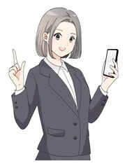 スマホを持って指差ししているスーツの女性のイラスト
