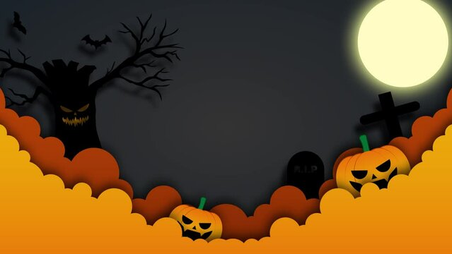 animated of pumpkins, dead tree, bats, and moon with black color background