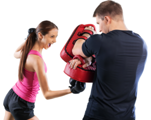 Happy caucasian couple man woman personal trainer exercising