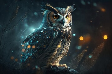 A painting of an owl in a forest with fireflies around, beautiful nature view created with Generative Ai Technology
