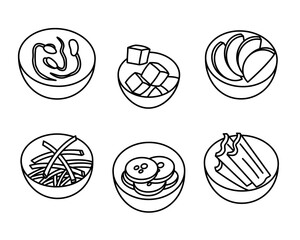 Korean traditional pickled apetizer snack set. Kimchi, bean sprout, pickle doodle food black and white illustration.