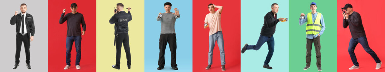 Set of different men with flashlights on color background