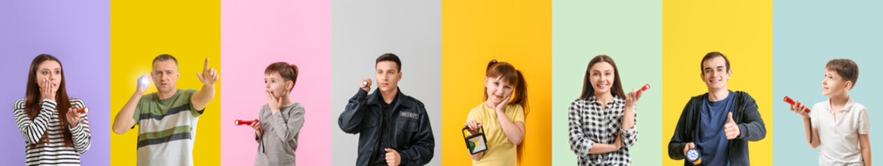 Group of different people with flashlights on color background