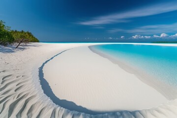 A white sandy beach with blue water and trees, created with Generative Ai Technology